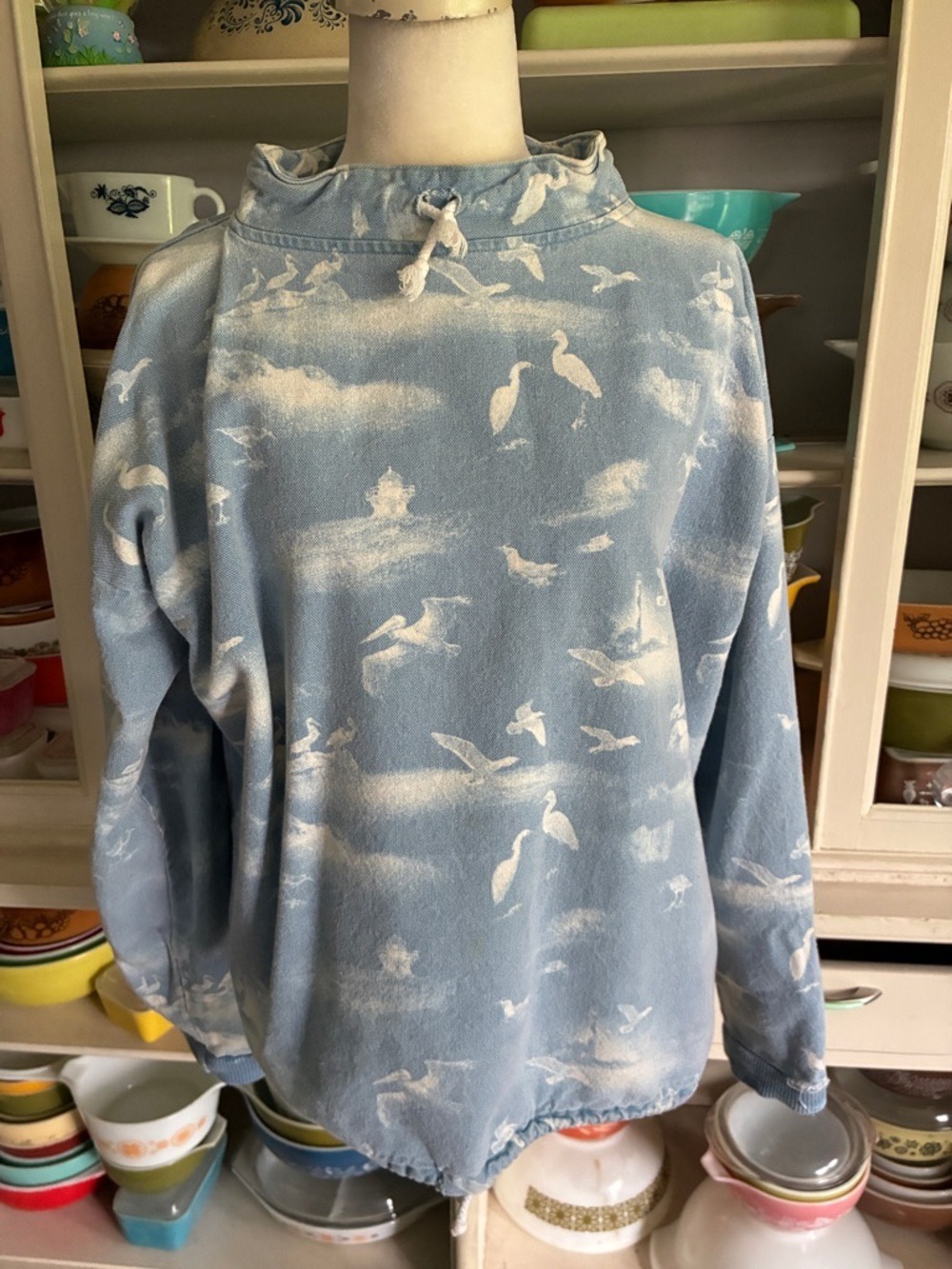 Equator Moon Vintage Denim Pullover With Birds - Size Large/XL